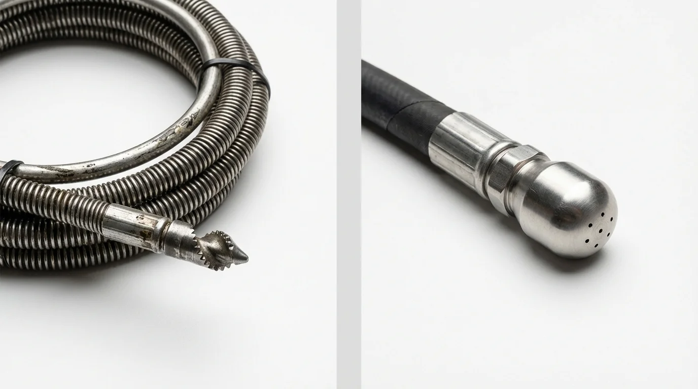 Drain snake cable and hydro jetting nozzle used for drain cleaning in East Quogue, NY