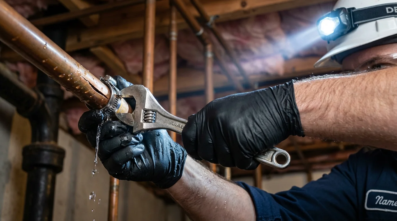 Emergency pipe clamp repair being performed by a Johns Plumbing LLC plumber in East Quogue