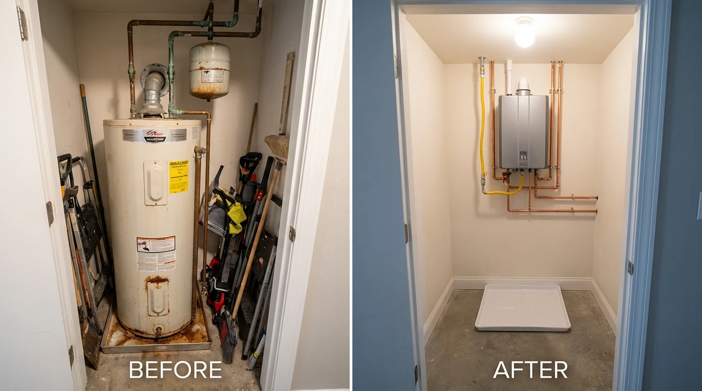 Tank water heater versus wall-mounted tankless unit comparison for East Quogue, NY homeowners