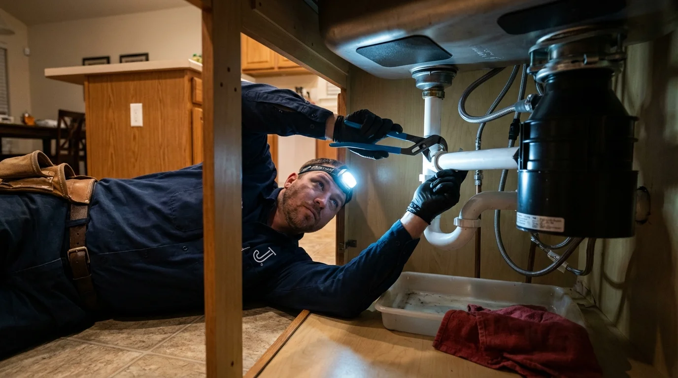 P-trap and supply line connections under a kitchen sink showing a common leak point in East Quogue, NY